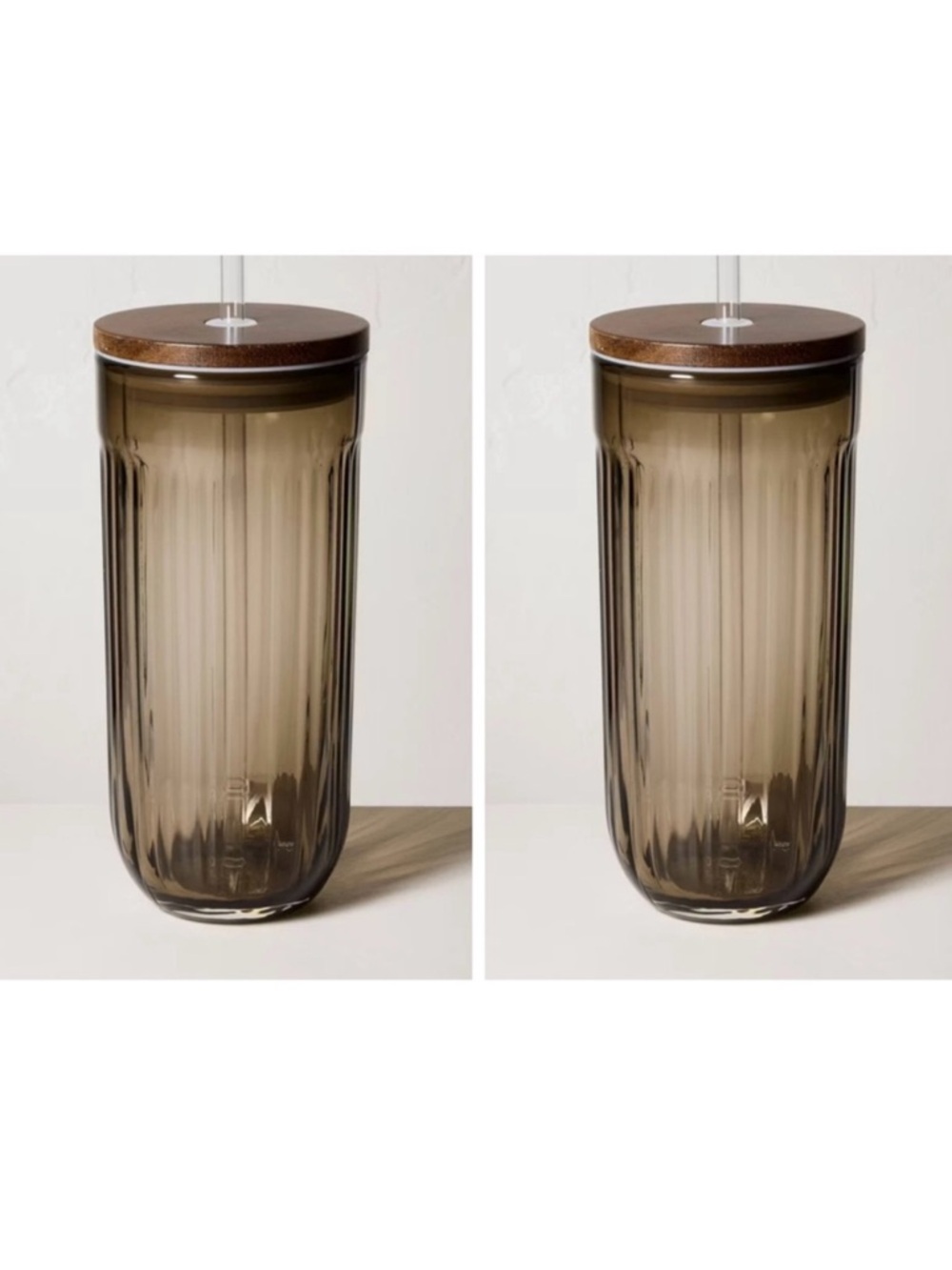 SET OF 2 Hearth & Hand™ with Magnolia BROWN 21oz Fluted Glass Tumbler Wood Lid